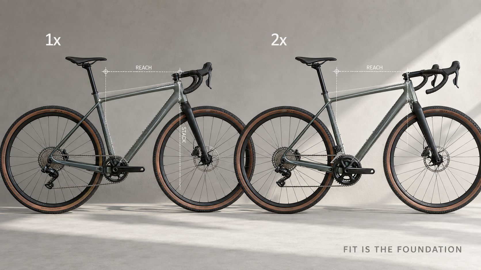 A side-by-side comparison of a 1x and 2x gravel bike drivetrain highlighting stack and reach measurements.