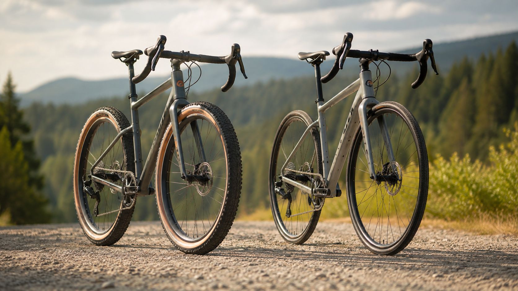 Two gravel bikes side by side on gravel with different wheel sizes
