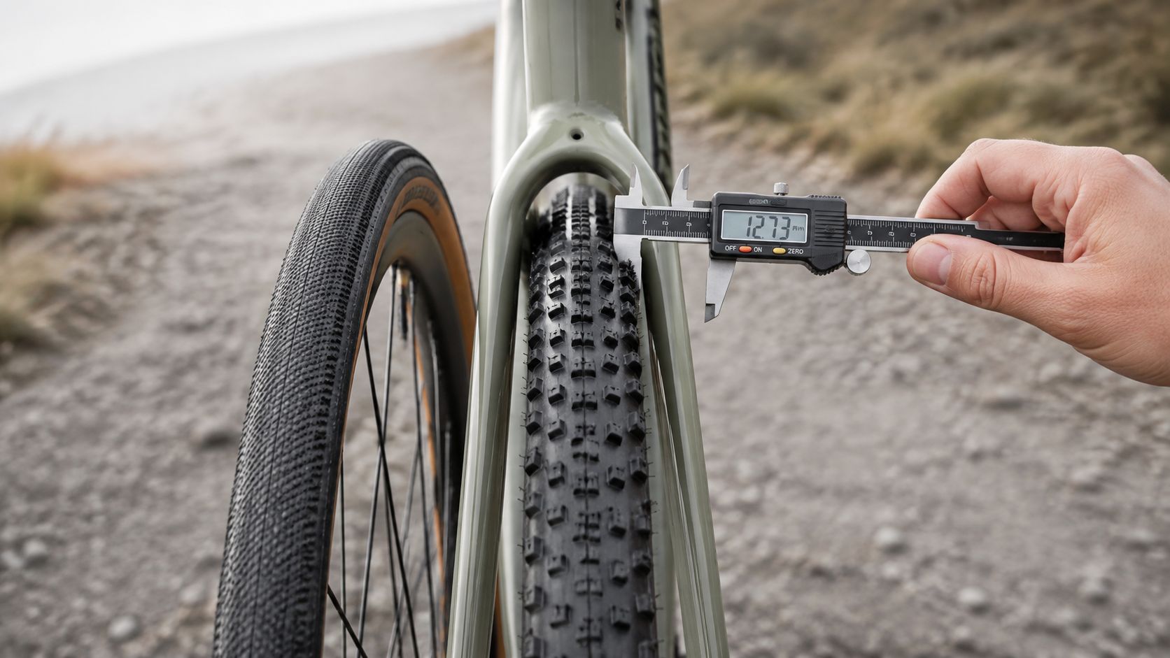 Hand measuring the width of a gravel tire with digital calipers