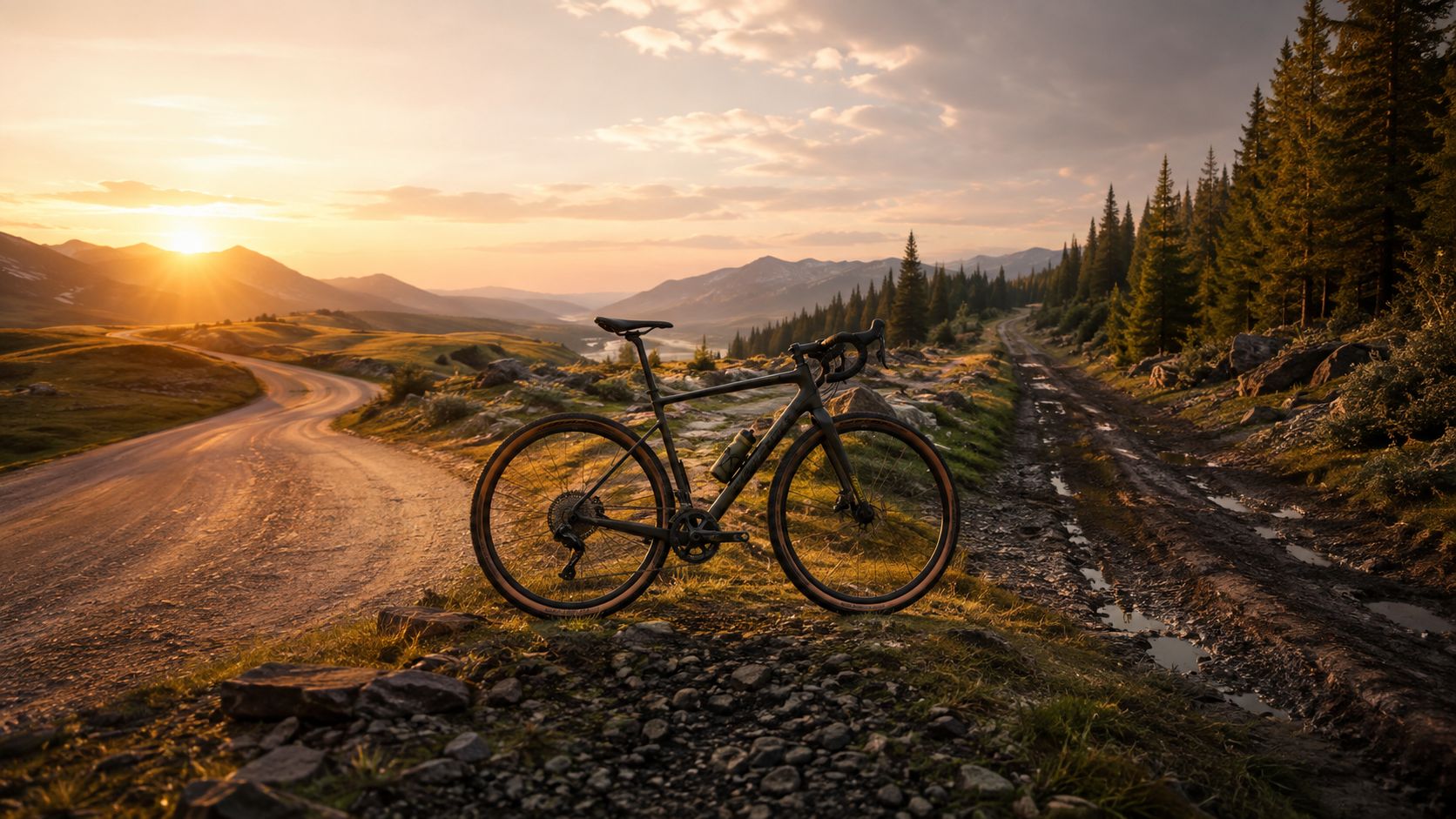 Gravel bike on a sunlit dirt road where the track forks into a muddy trail
