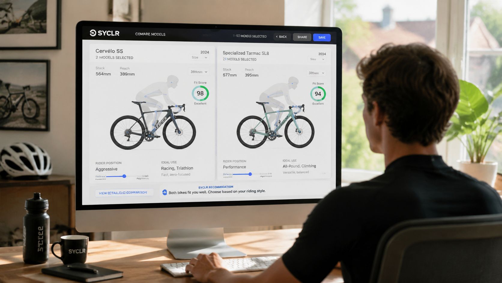 A person using a computer to compare two different road bike models on a cycling website application.