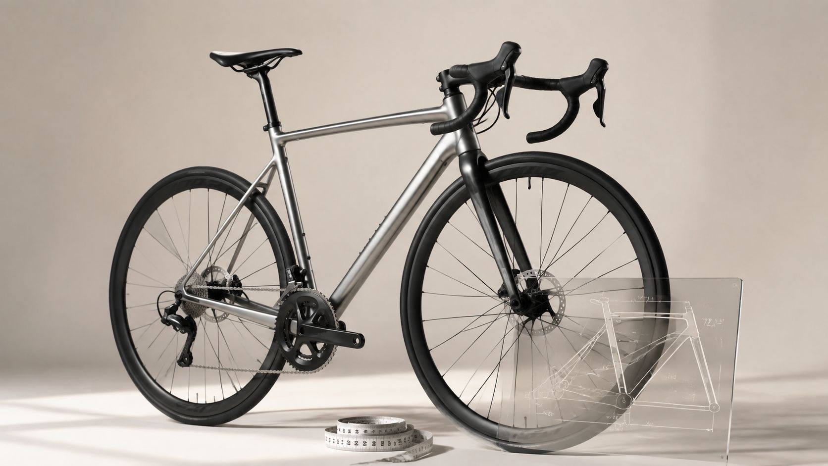 Grey road bike in a bright studio with a small display stand