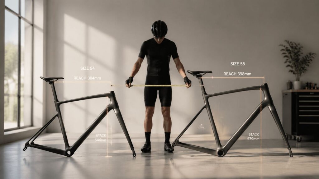 Rider standing between two bare bike frames of different sizes