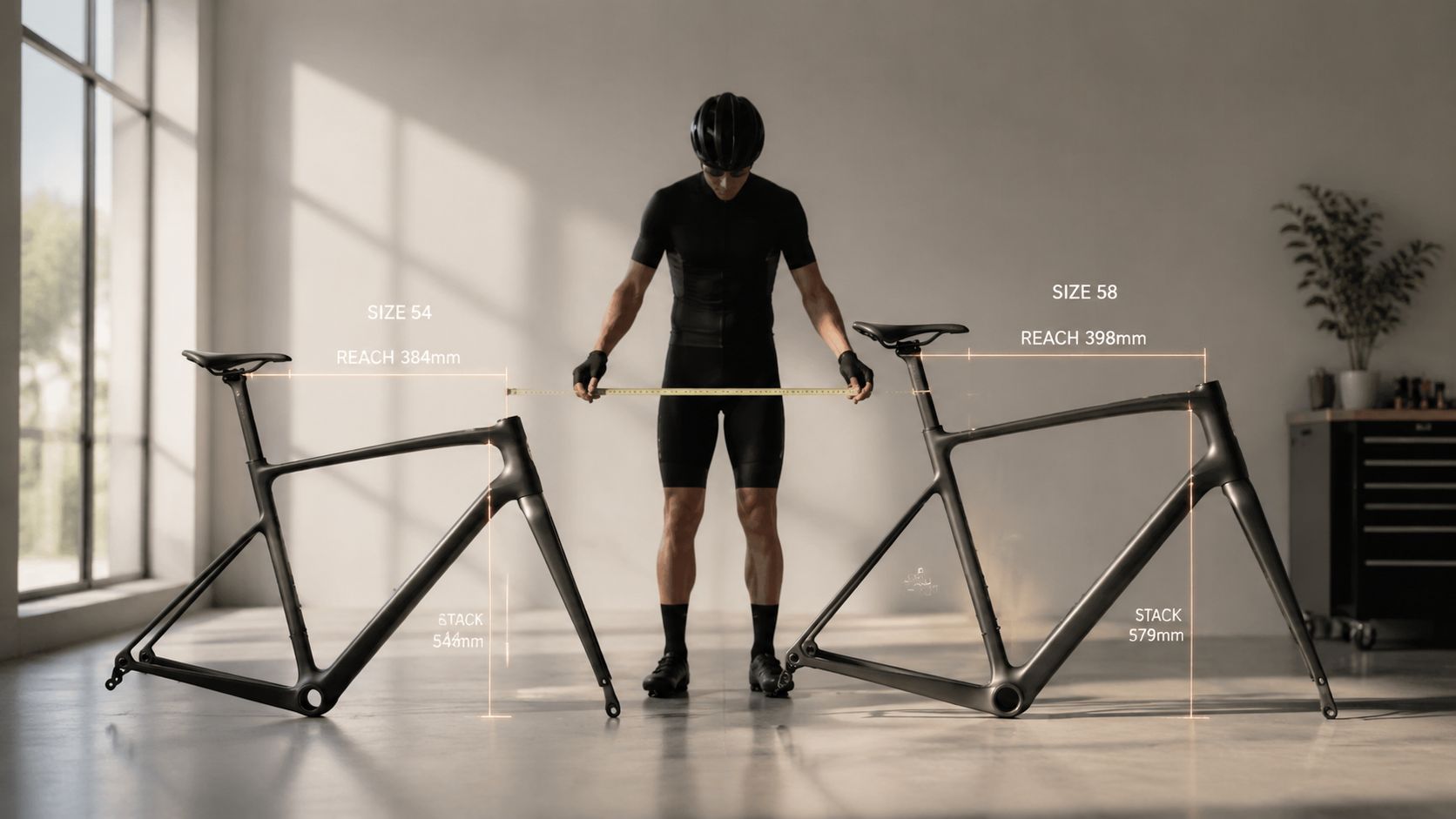 Rider standing between two bare bike frames of different sizes