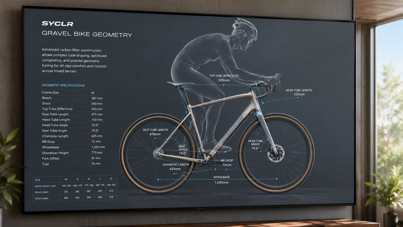 A digital screen displaying detailed geometry specifications and diagrams for a carbon fiber SYCLR gravel bike model.