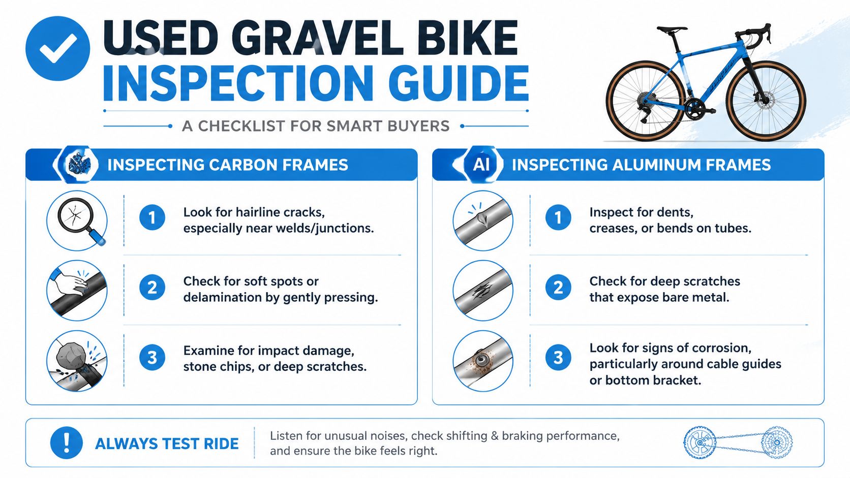 An infographic titled Used Gravel Bike Inspection Guide detailing how to check carbon and aluminum bike frames.