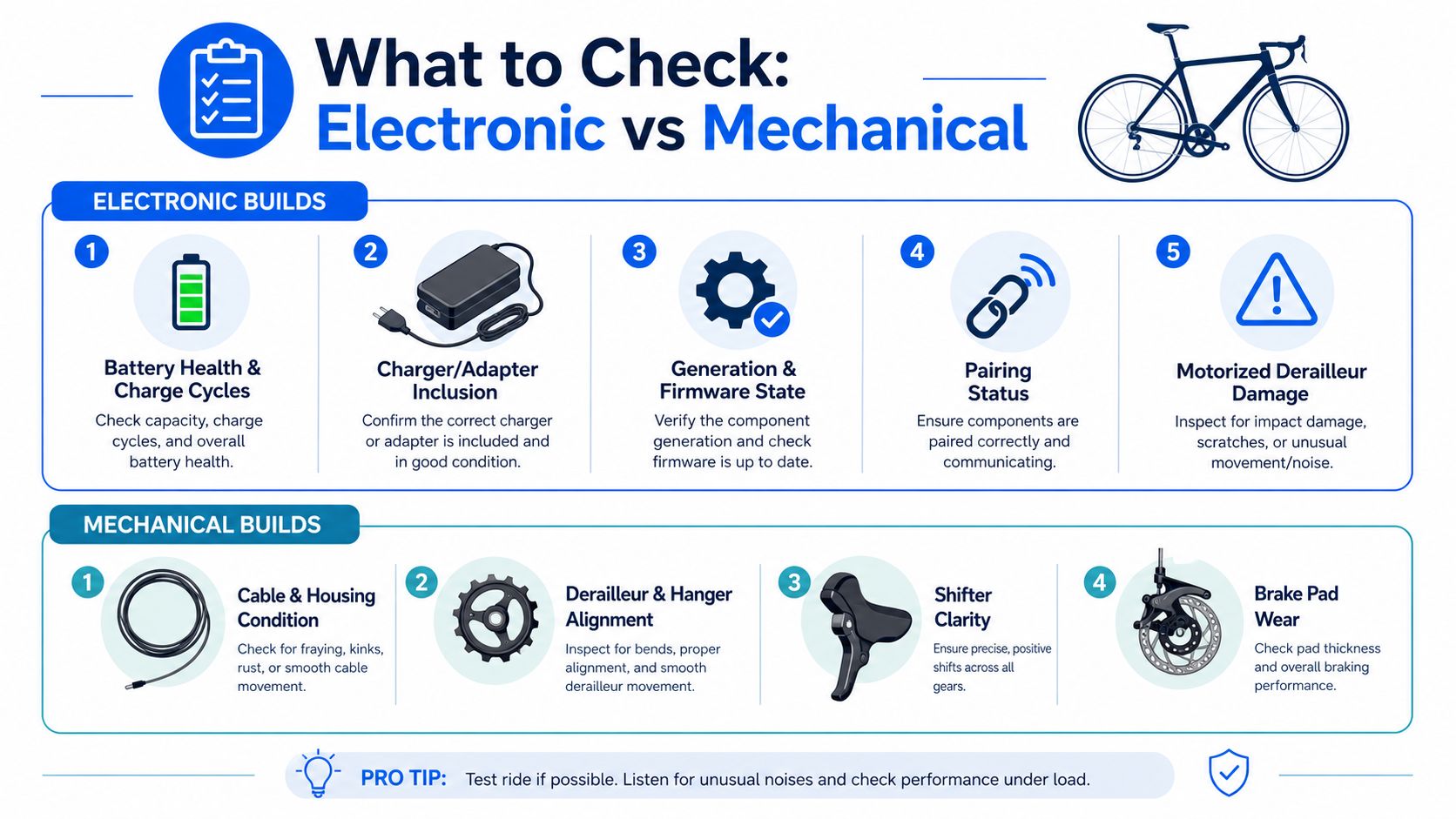 An infographic detailing essential checks for electronic versus mechanical bicycle shifting systems to ensure optimal bike performance.
