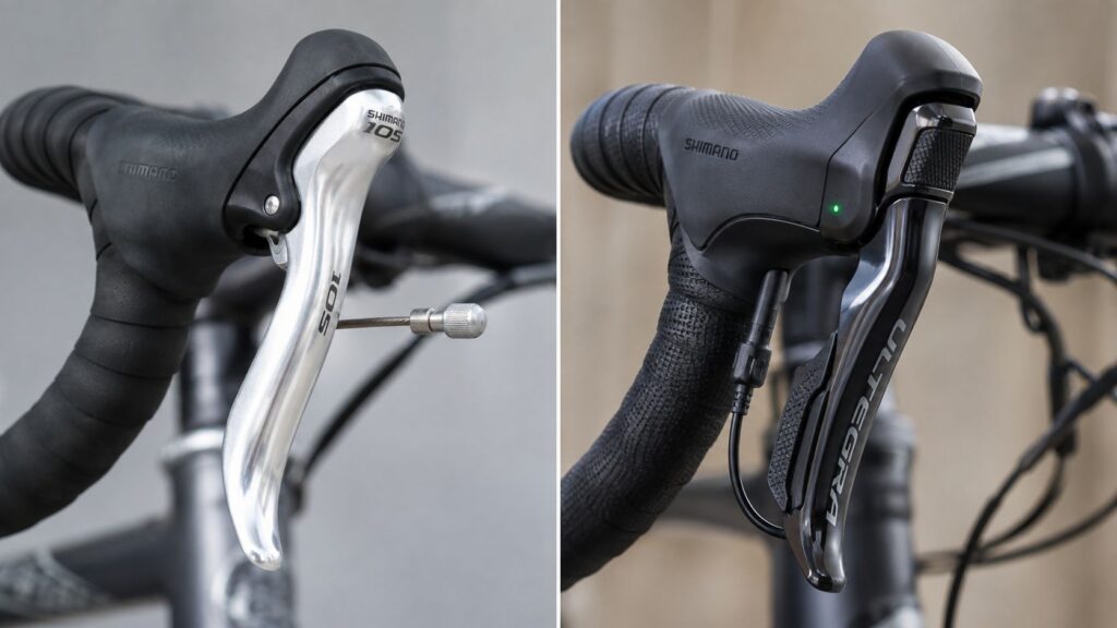 Split close-up of two drop-bar bicycle shifters