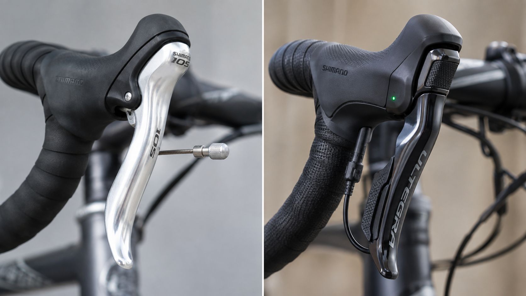 Split close-up of two drop-bar bicycle shifters