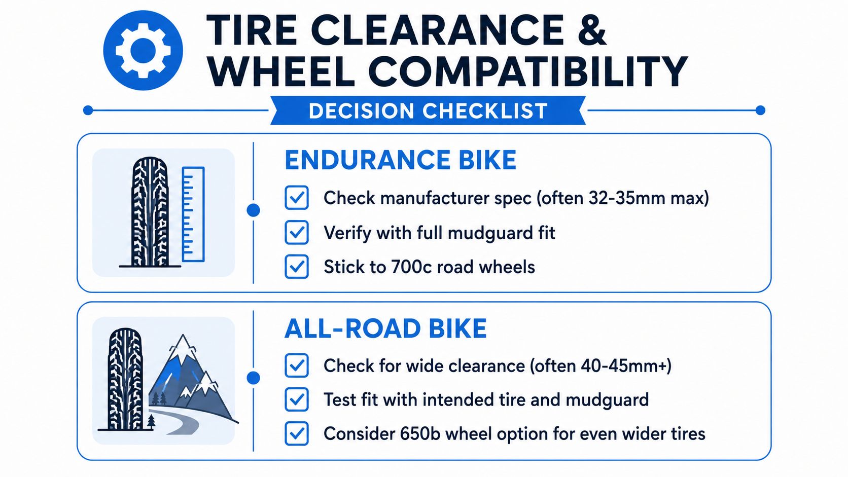 A decision checklist infographic comparing tire clearance and wheel compatibility for endurance bikes and all-road bikes.
