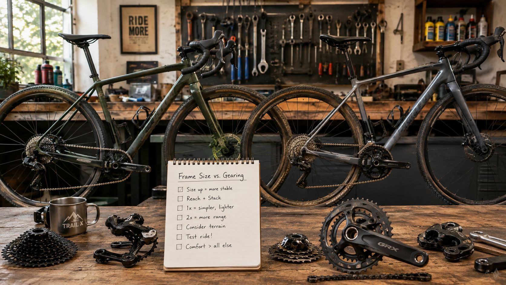 Two gravel bikes displayed in a workshop with bike components and a checklist on the table.