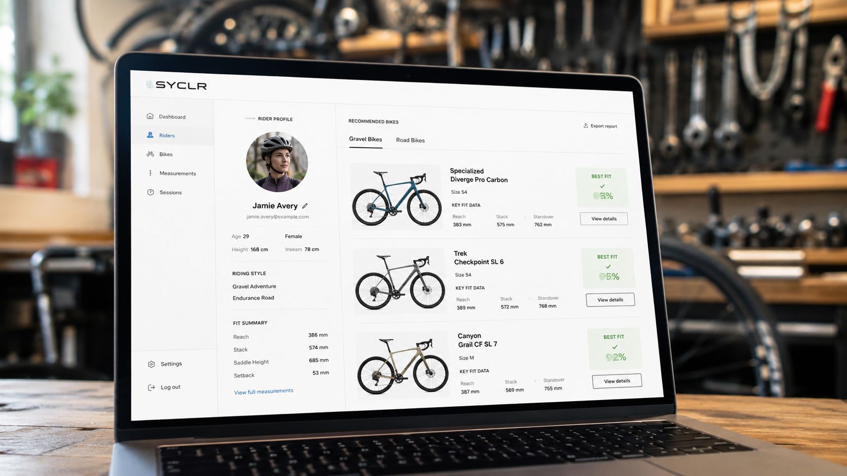 A laptop screen displaying a bike fitting software application showing recommended gravel bikes for a cyclist.