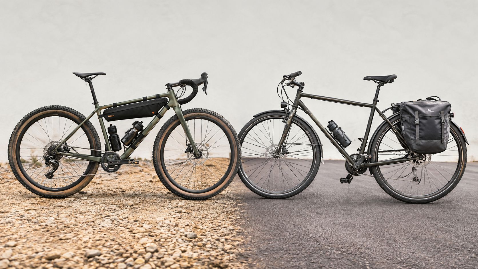 Gravel bike next to a touring bike fitted with rear panniers on a gravel road