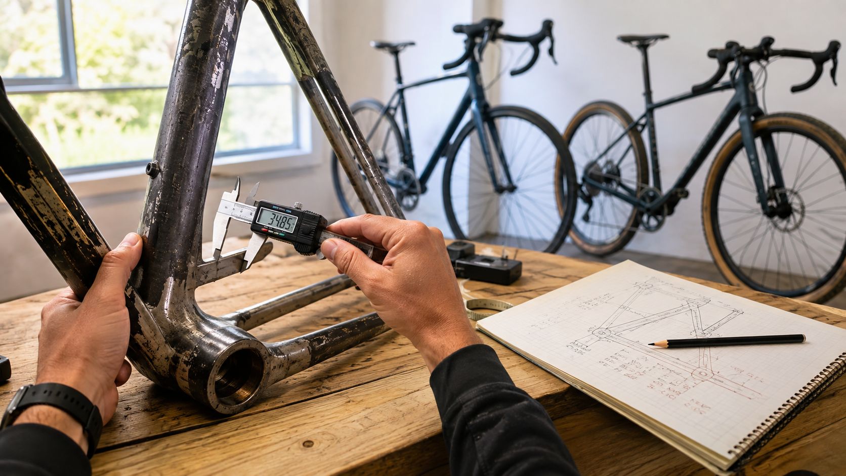 Person measuring a bike frame with digital calipers at a desk with a notebook
