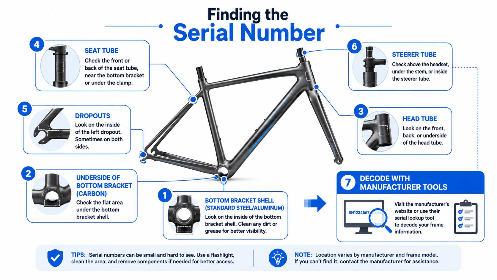 An infographic showing seven common locations on a bicycle frame to find the serial number.