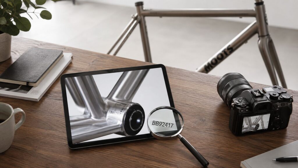 Tablet showing a bike frame photo next to a magnifying glass and camera