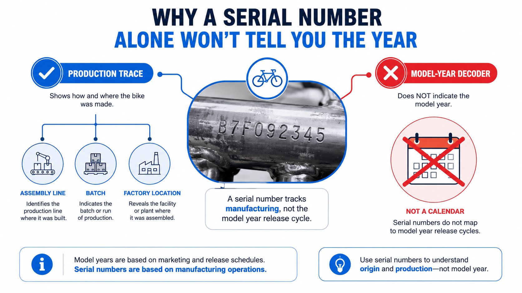 An infographic explaining why bicycle serial numbers identify production details rather than specific model release years.