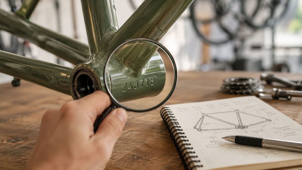 Magnifying glass held over a serial number stamped on a bike frame