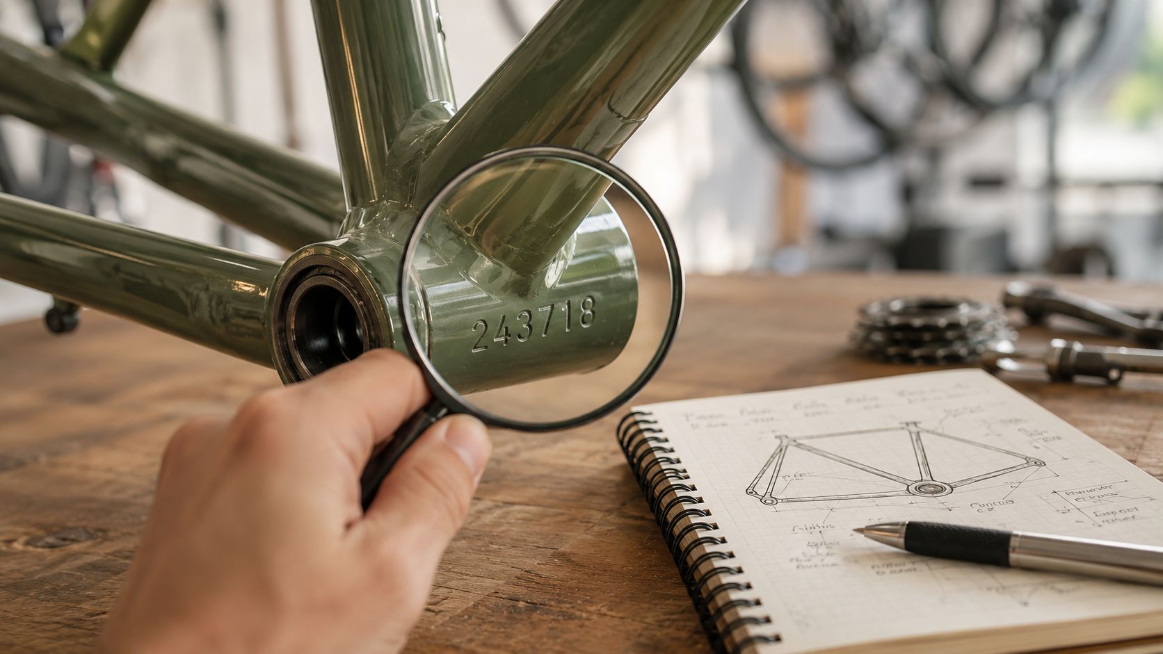 Magnifying glass held over a serial number stamped on a bike frame