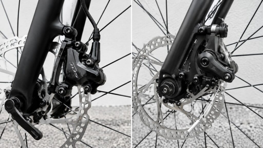 Split close-up of two disc brake calipers on bicycle forks