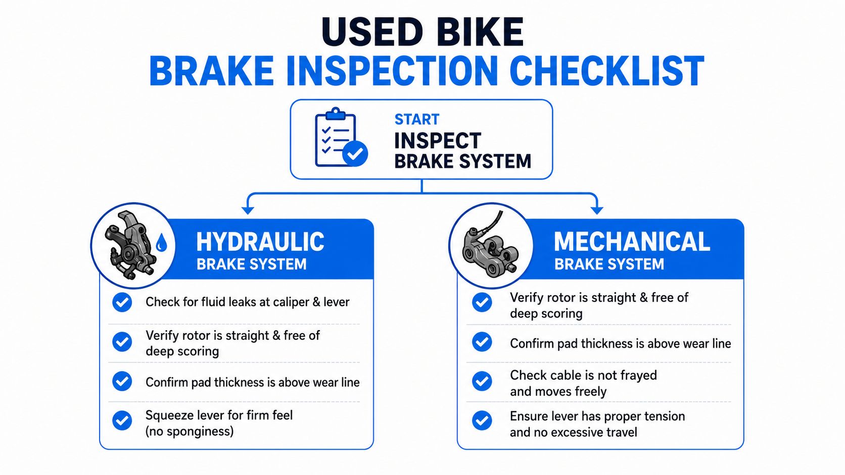 An infographic showing a used bike brake inspection checklist for both hydraulic and mechanical brake systems.