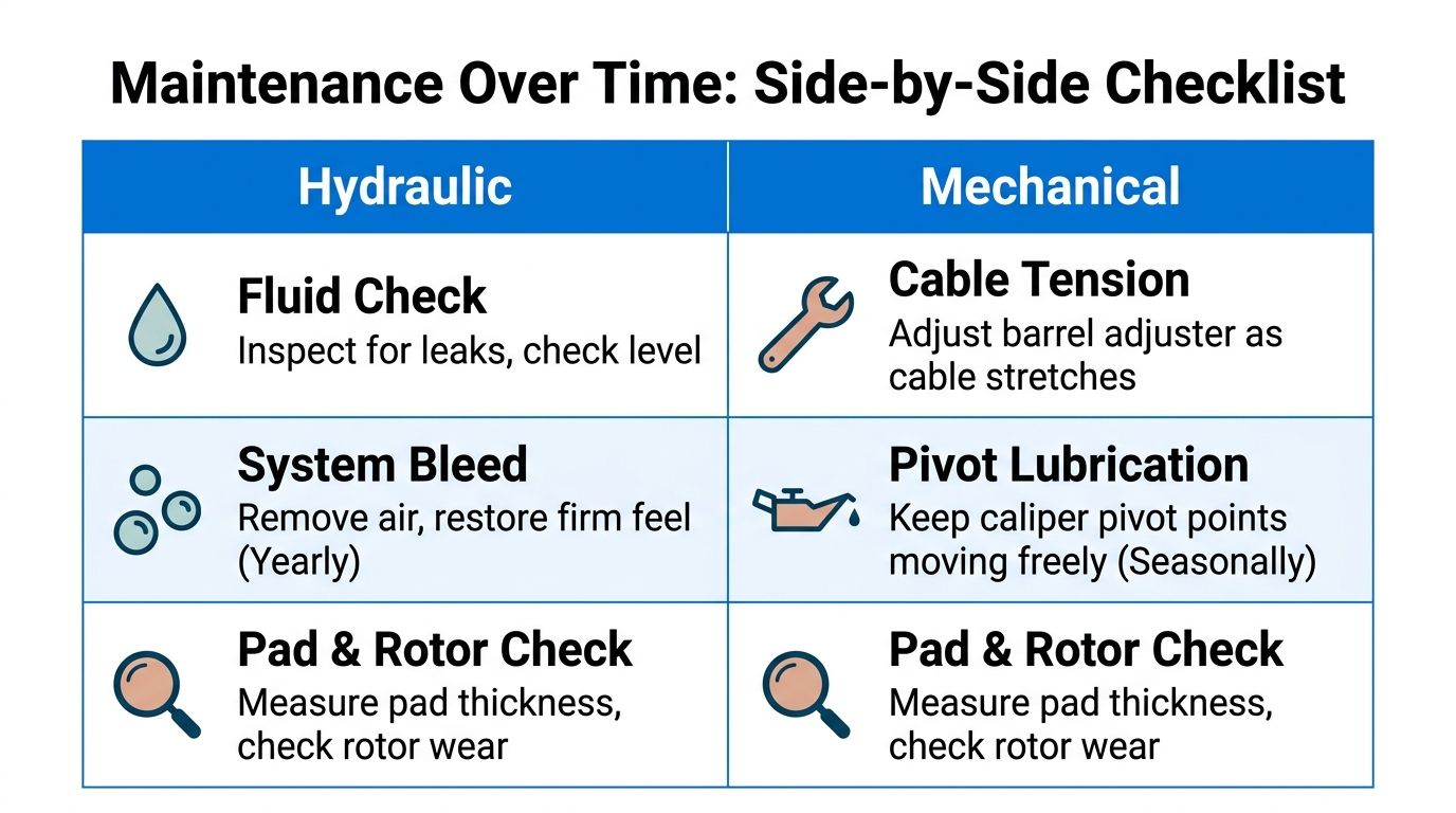 A comparison chart showing maintenance steps for hydraulic and mechanical disc brake systems on bicycles.