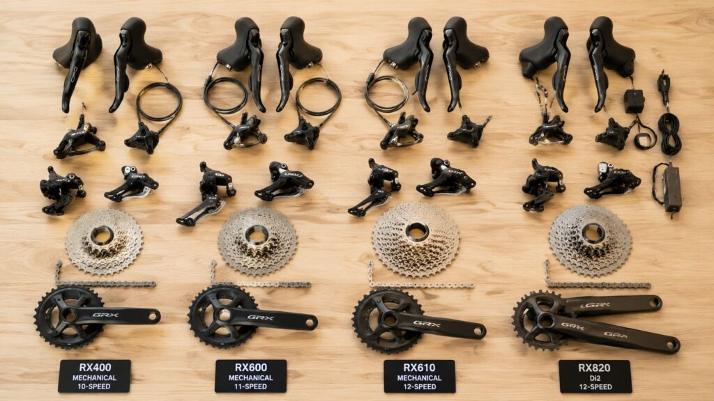 Four sets of gravel groupset components laid out in rows with tier labels