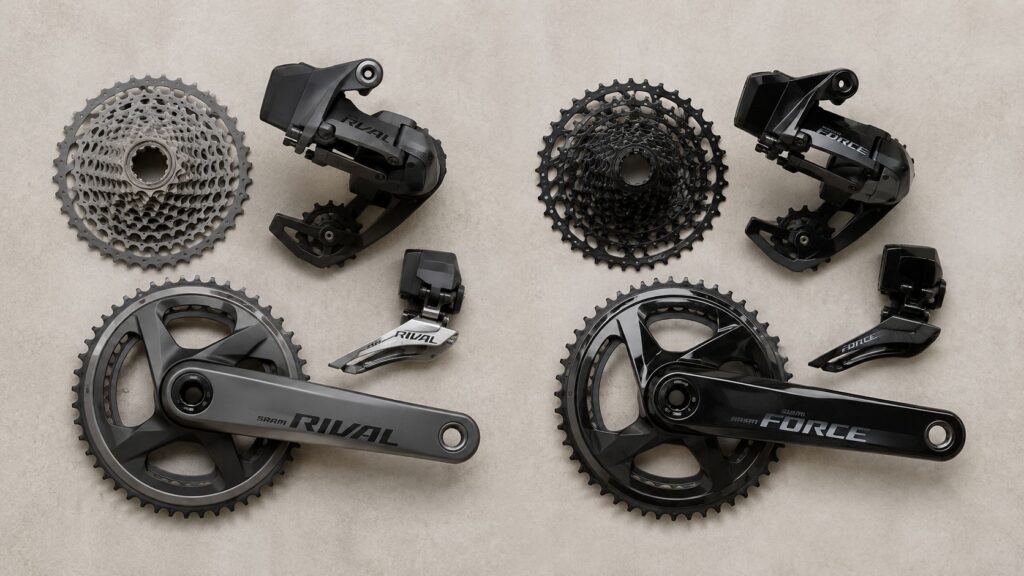 Two sets of groupset components laid flat, labelled Rival and Force