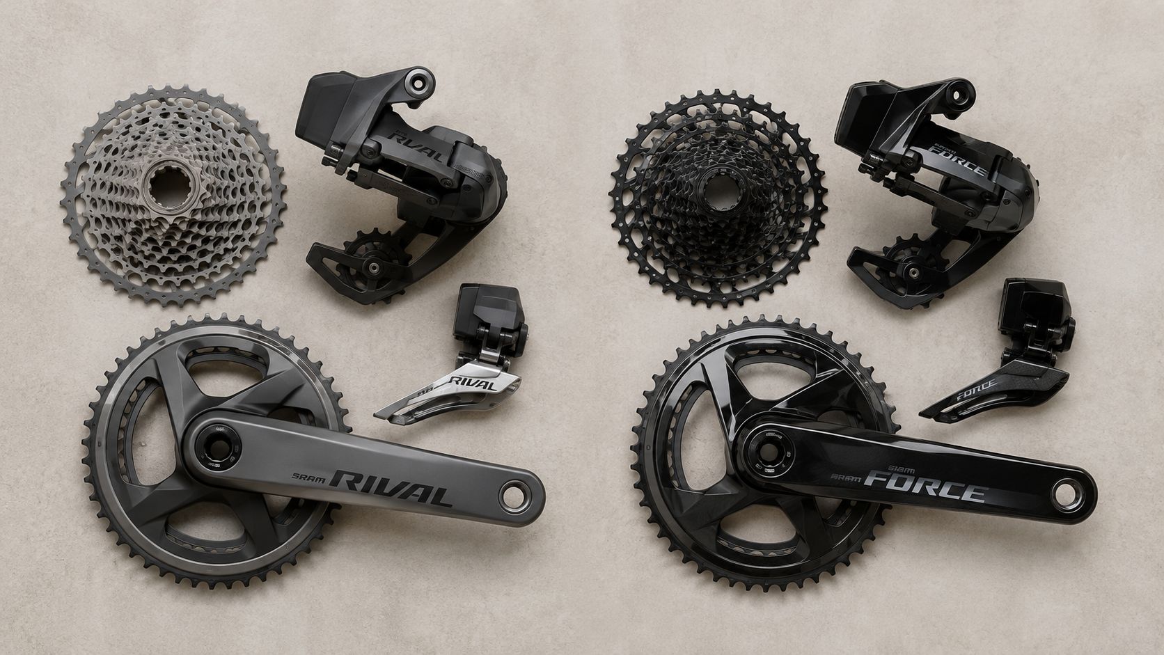Two sets of groupset components laid flat, labelled Rival and Force