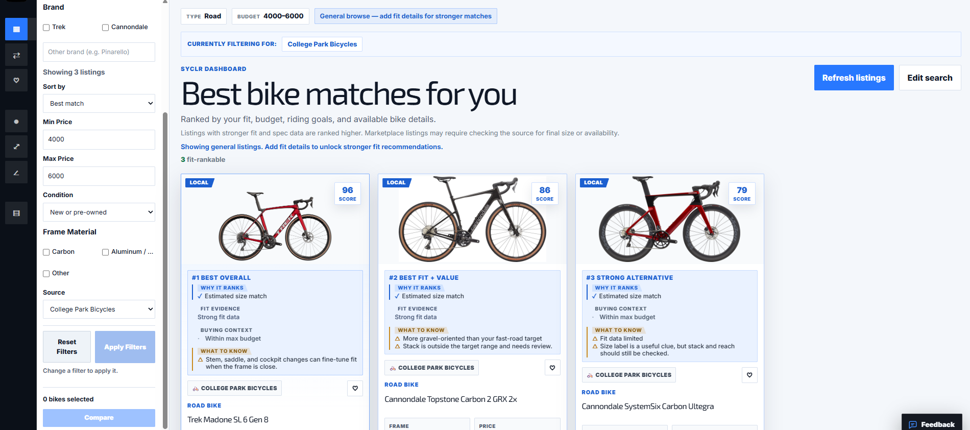 SYCLR bike listing from College Park Bicycles in College Park Maryland