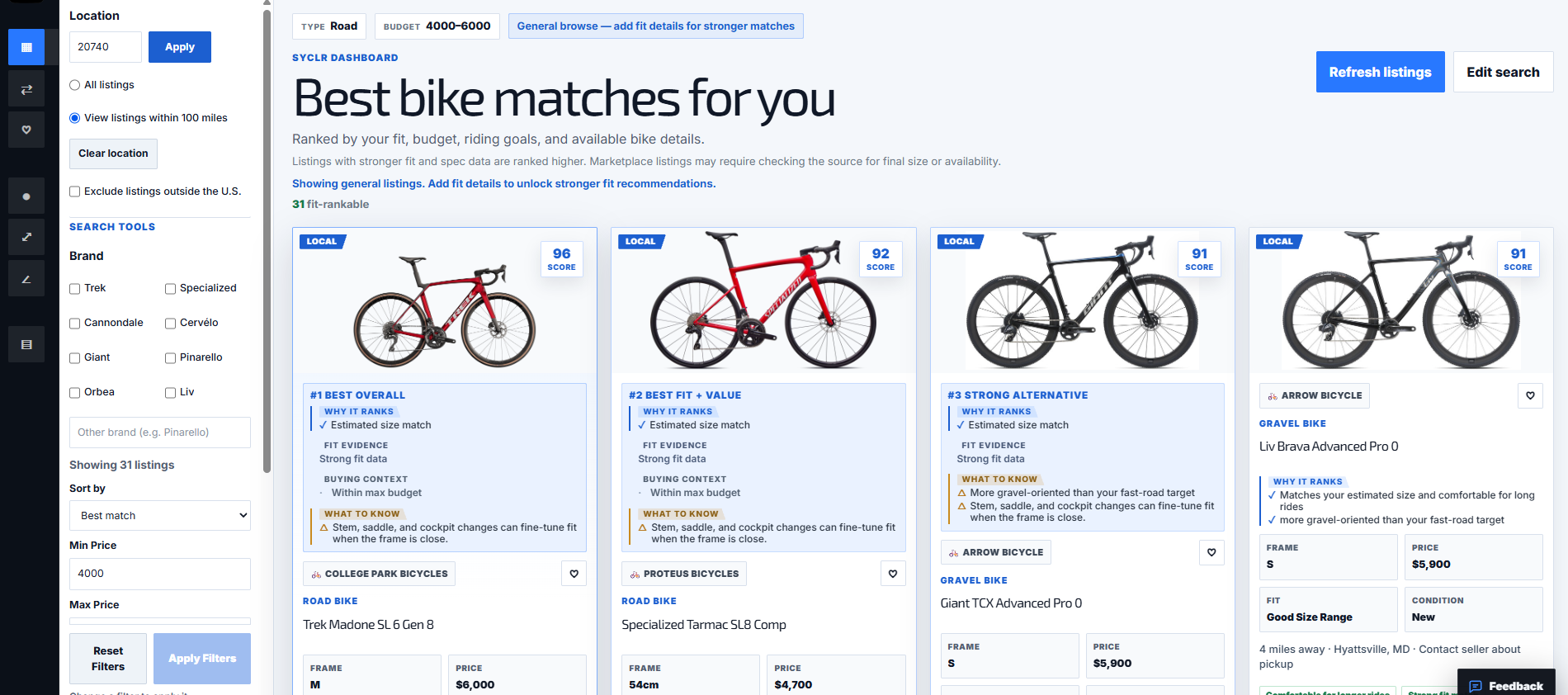 SYCLR local Road and Gravel bike results from retailers in College Park Maryland