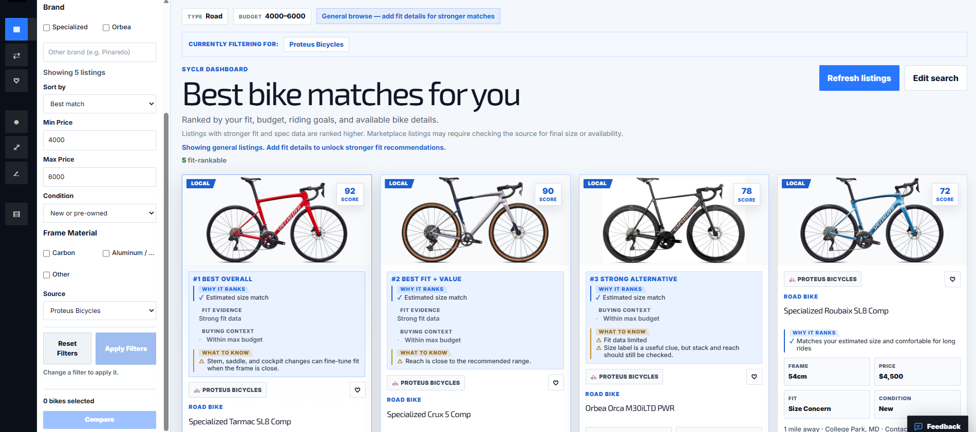 SYCLR bike listing from Proteus Bicycles in College Park Maryland