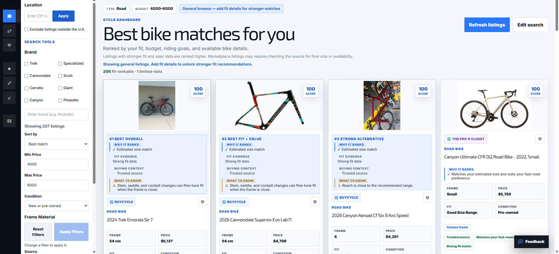 SYCLR bike search results showing differences in fit context, price, size and listing evidence