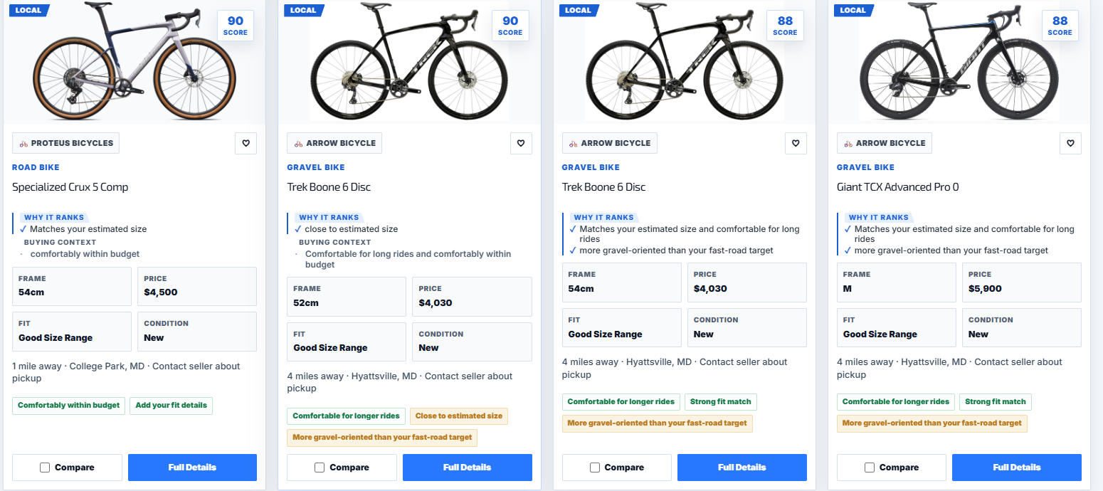SYCLR local bike discovery showing nearby Road and Gravel bikes with retailer, fit and location context