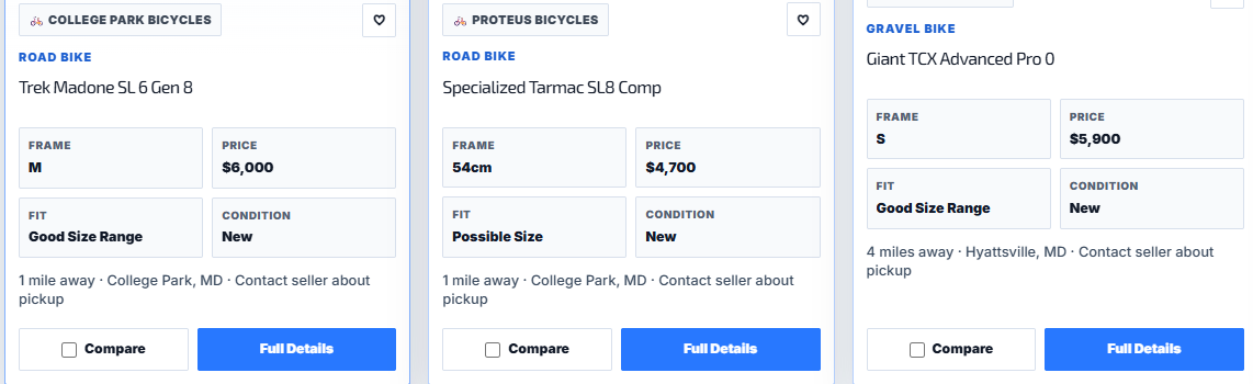 SYCLR local bike listings showing distance, retailer location and pickup contact information