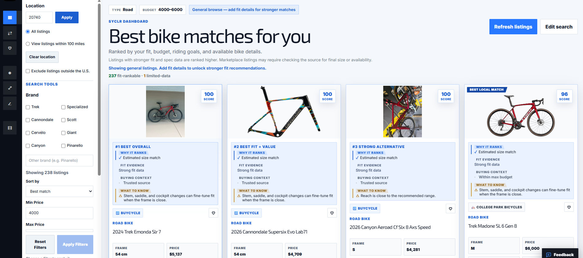 SYCLR results showing a Best Local Match alongside the broader bike recommendation set