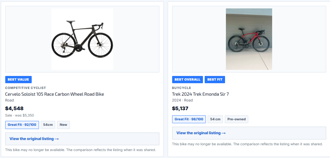 SYCLR comparison showing two bikes with separate fit scores and recommendation labels