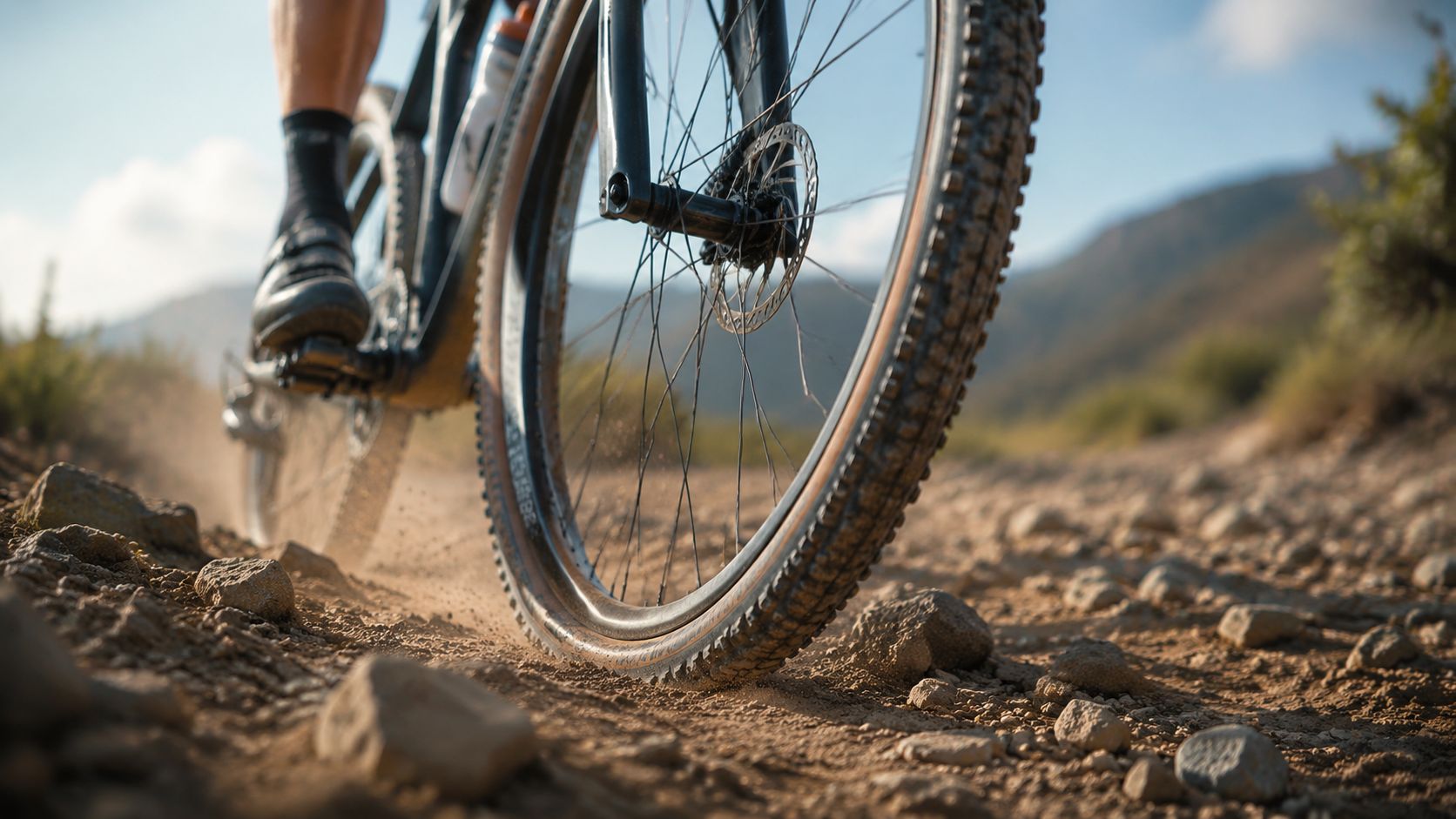 A close-up view of a gravel bike wheel riding on a dusty, rocky dirt path trail.