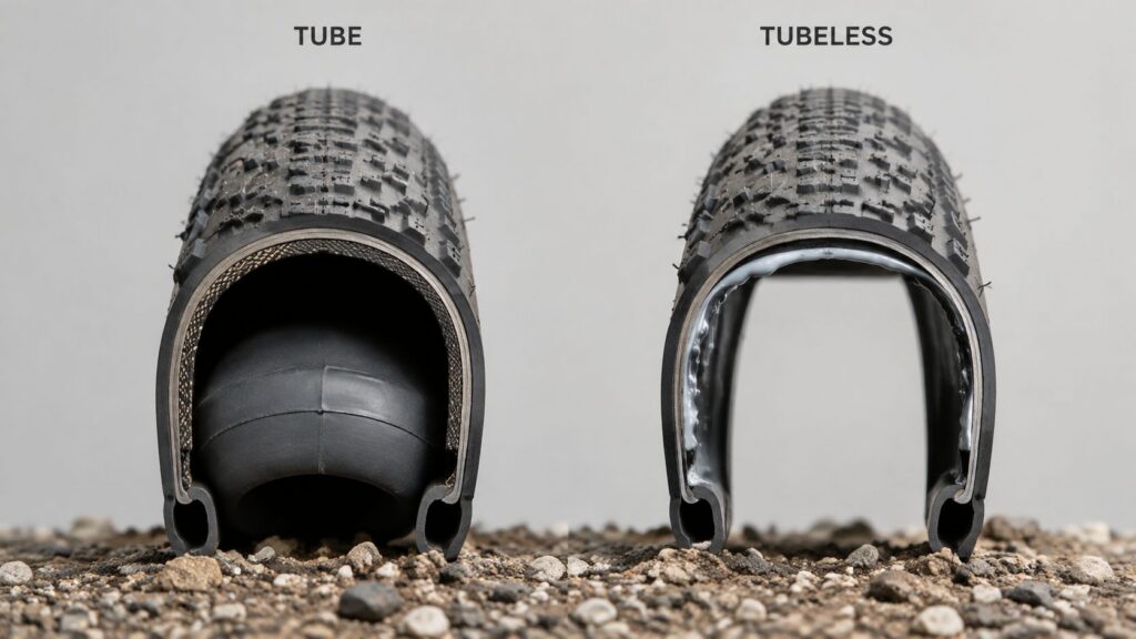 Cross-section of two bicycle tires labelled Tube and Tubeless