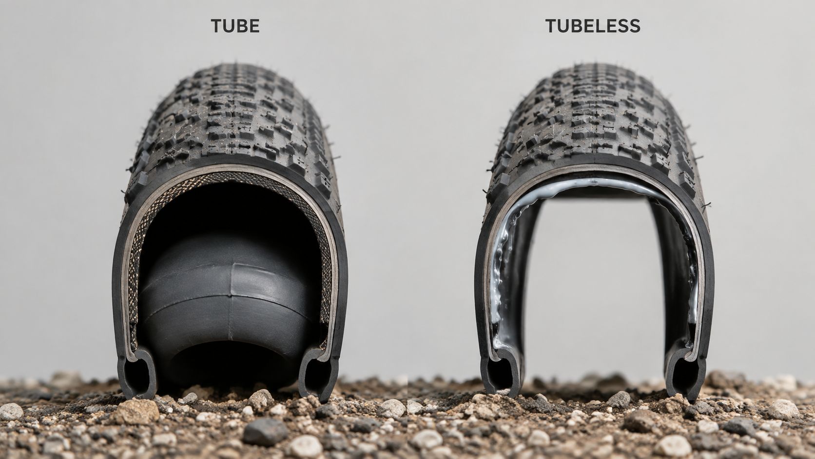 Cross-section of two bicycle tires labelled Tube and Tubeless