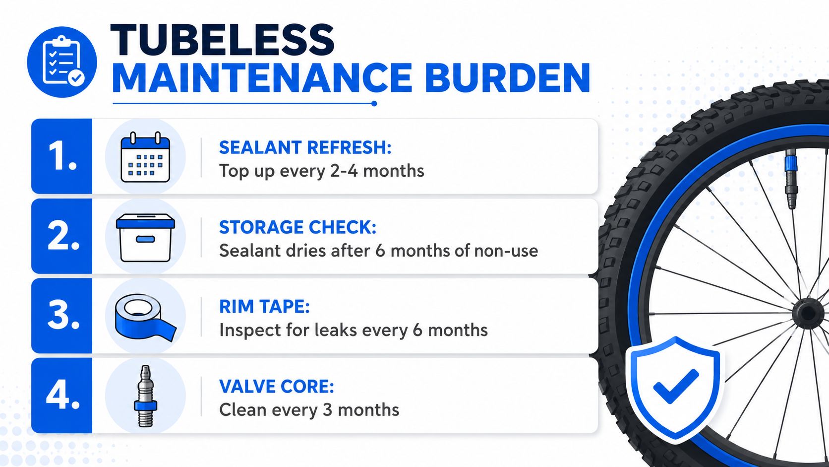 An infographic detailing a four-step maintenance checklist for bicycle tubeless tires, including sealant, storage, tape, and valves.