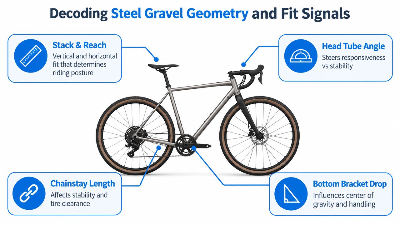 A diagram illustrating the key geometry and fit components of a steel gravel bicycle frame.
