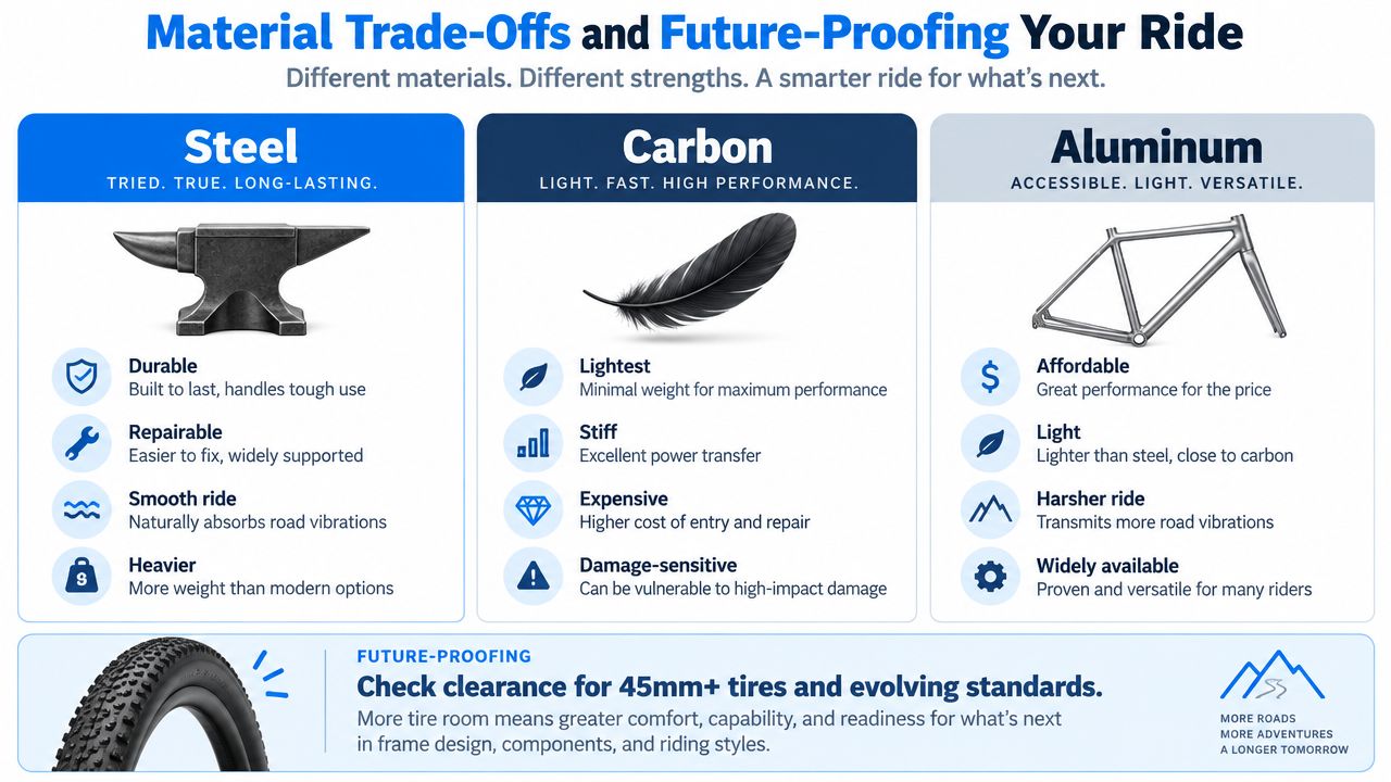 A comparison chart showing the trade-offs between steel, carbon fiber, and aluminum bike frame materials for future-proofing.