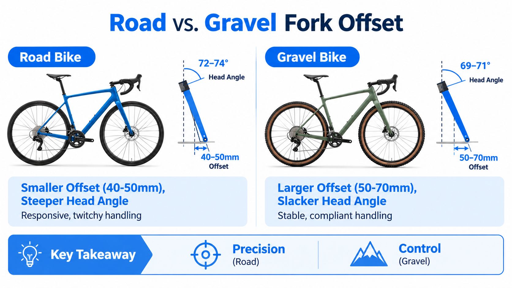 A comparison chart showing fork offset, head angle, and related front-end geometry across road and gravel bike examples.