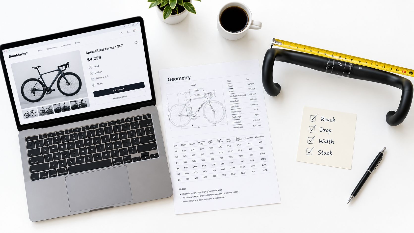 A laptop showing a bike product page, a geometry chart, and a road bike handlebar with tape measure.