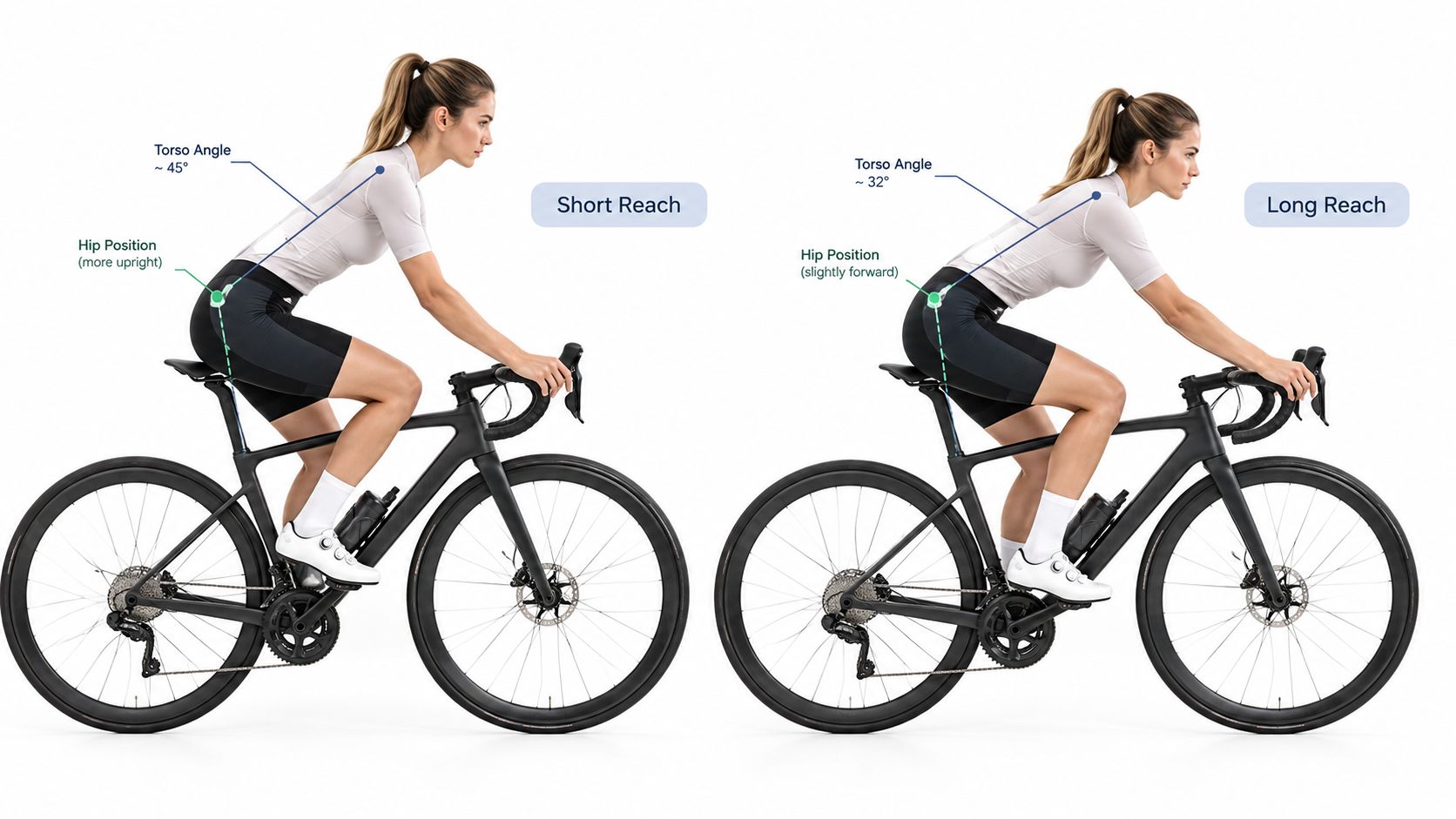 A cyclist demonstrating the difference in body posture between a short and long bike handlebar reach.