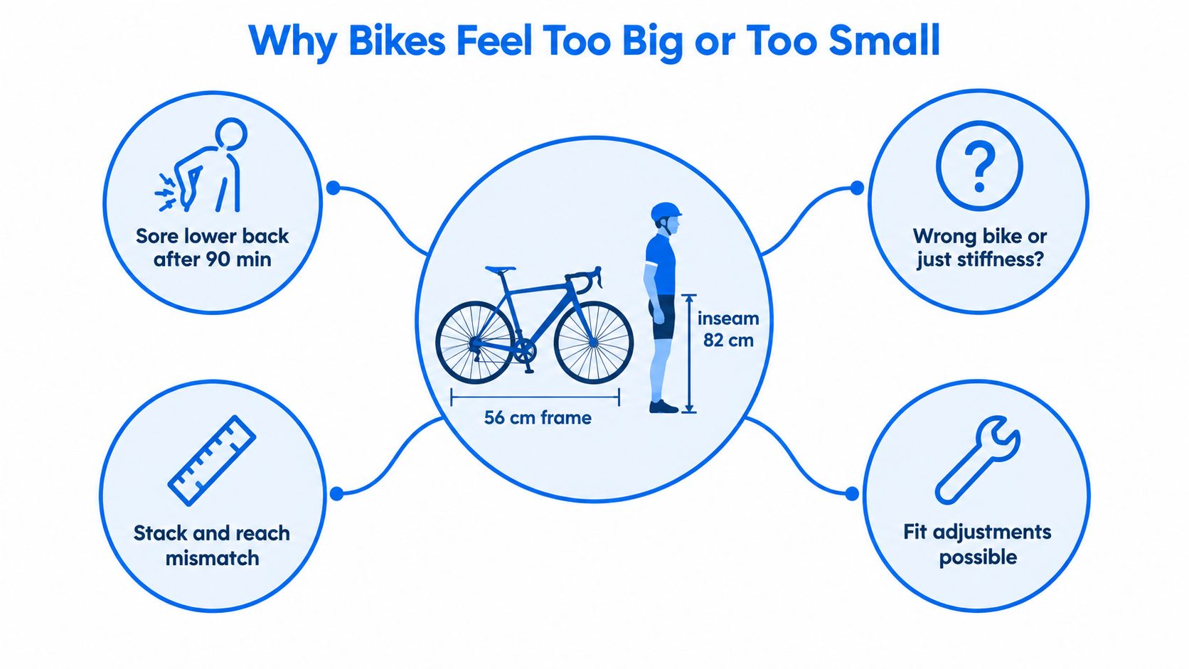 A diagram explaining factors causing a bike to feel poorly sized, including measurements and physical comfort.