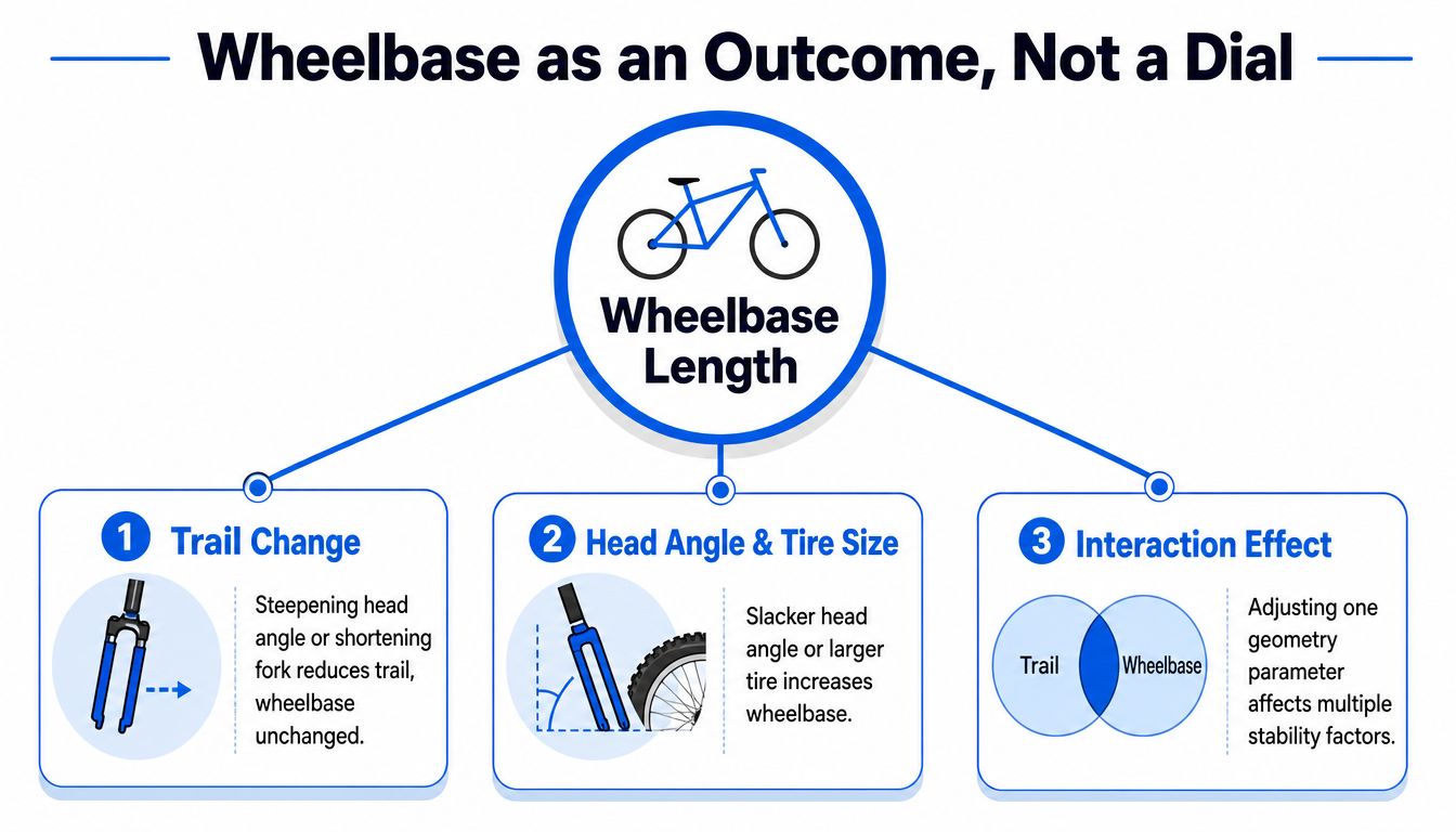 A diagram explaining how various bike geometry factors like head angle and tire size affect wheelbase length.