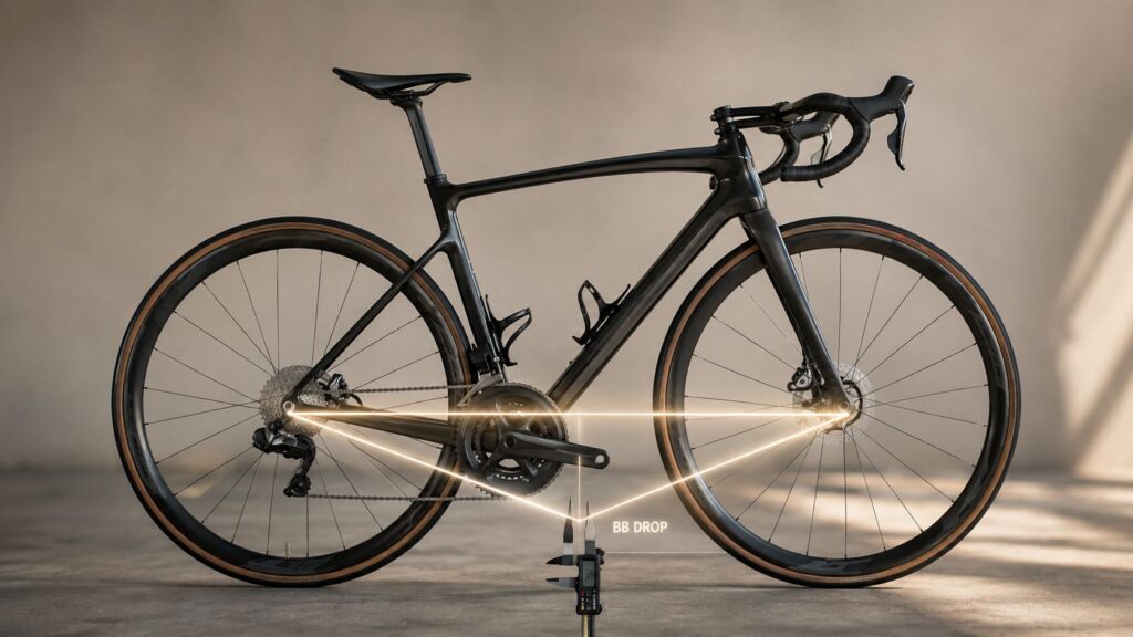 Black road bike side-on in a studio with a line across the wheel axles and a vertical BB Drop marker showing bottom bracket drop.