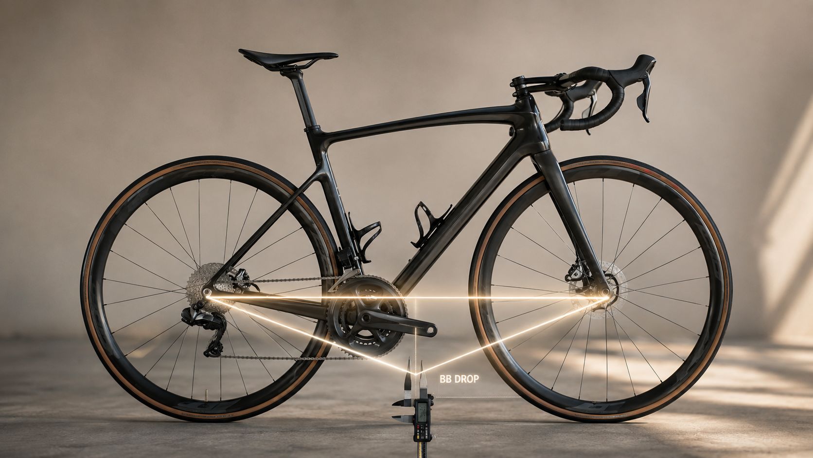 Black road bike side-on in a studio with a line across the wheel axles and a vertical BB Drop marker showing bottom bracket drop.